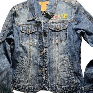 Zena Jeans Jacket Womens Size M Blue Denim Peace Patch Floral